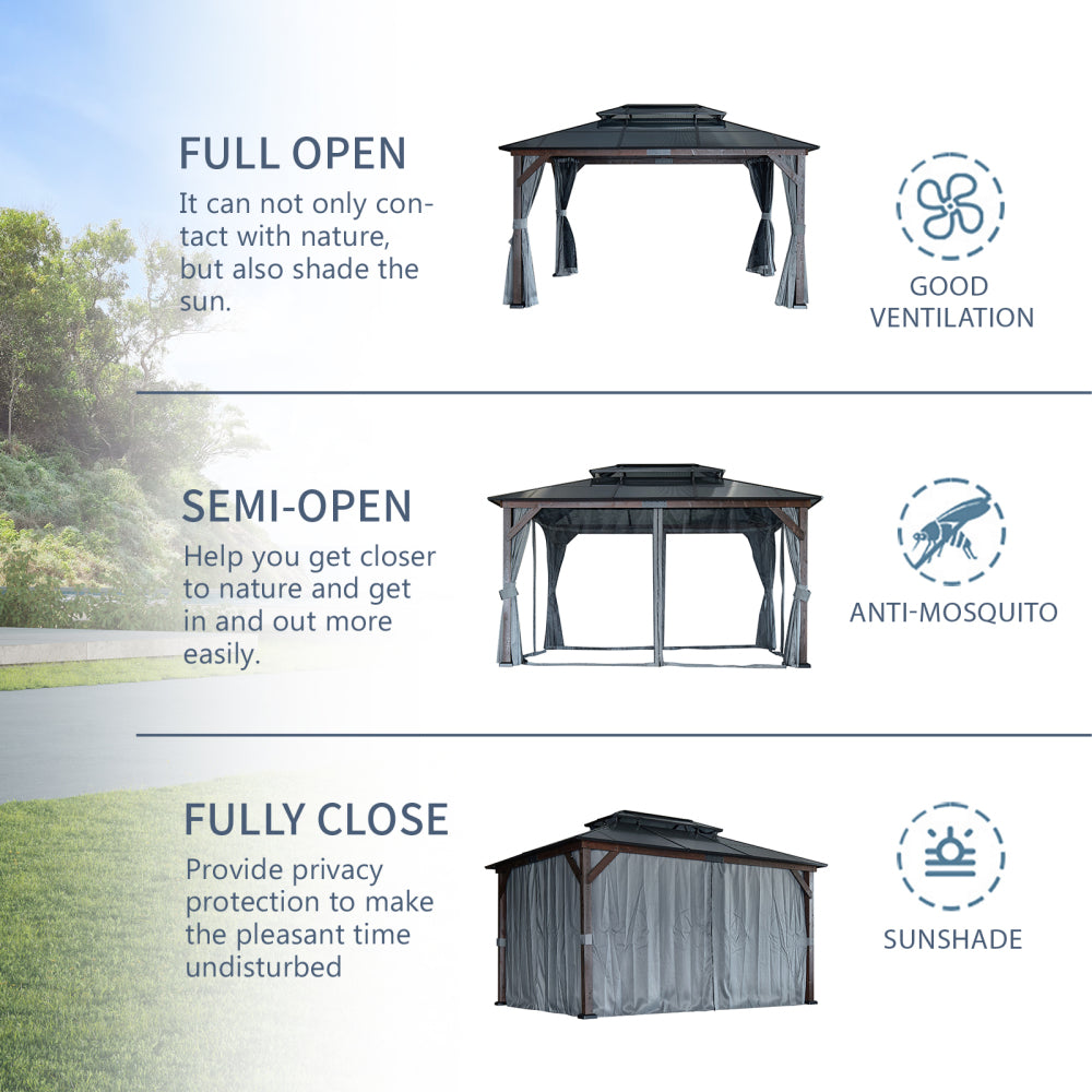 10' x 13' Hardtop Wood Gazebo for Patios, Outdoor  Framed Gazebo with Polycarbonate Double Roof Canopy, Solid Wooden Framed Gazebo with Privacy Curtains and Mosquito Nettings for Garden, Backyard