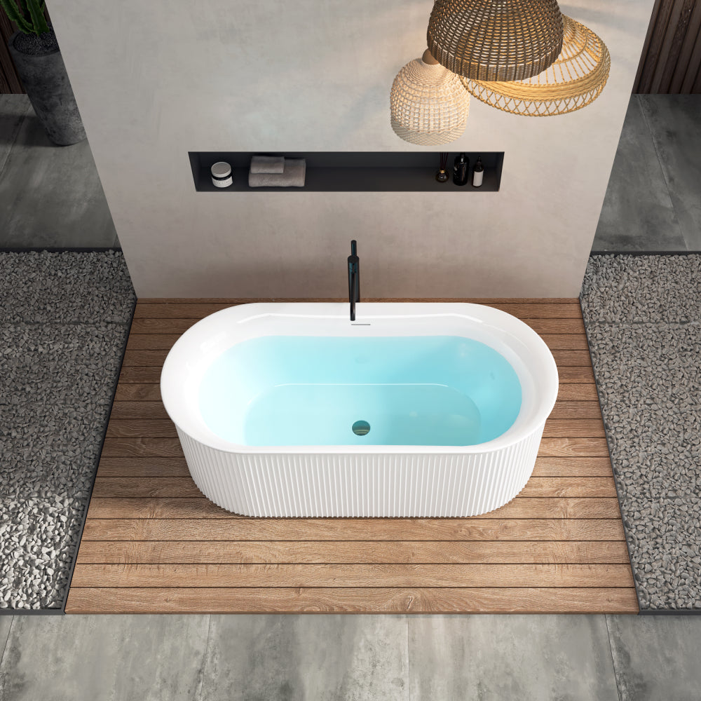 67" Acrylic Freestanding Bathtub-Acrylic Soaking Tubs, Fluted style-Gloss White Freestanding Bathtub With Integrated Slotted Overflow and Brushed Nickel Toe-tap Drain, 02149-BN