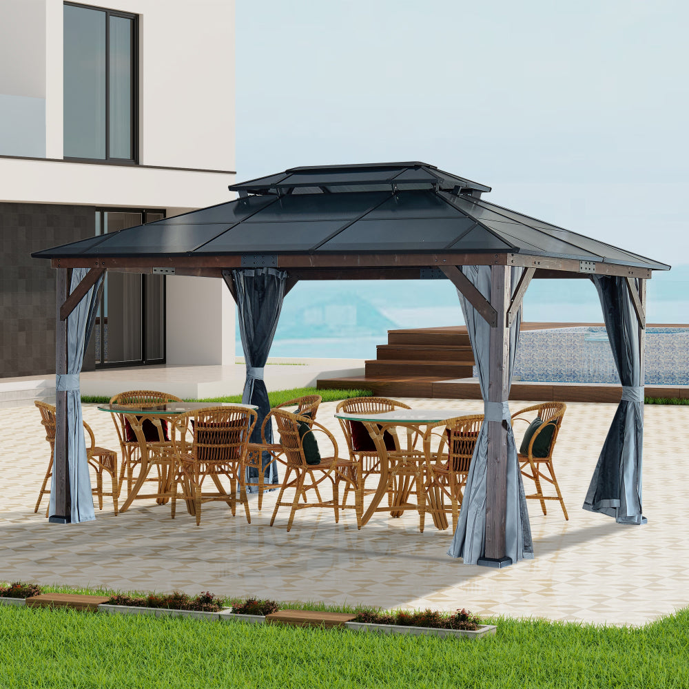 10' x 13' Hardtop Wood Gazebo for Patios, Outdoor  Framed Gazebo with Polycarbonate Double Roof Canopy, Solid Wooden Framed Gazebo with Privacy Curtains and Mosquito Nettings for Garden, Backyard