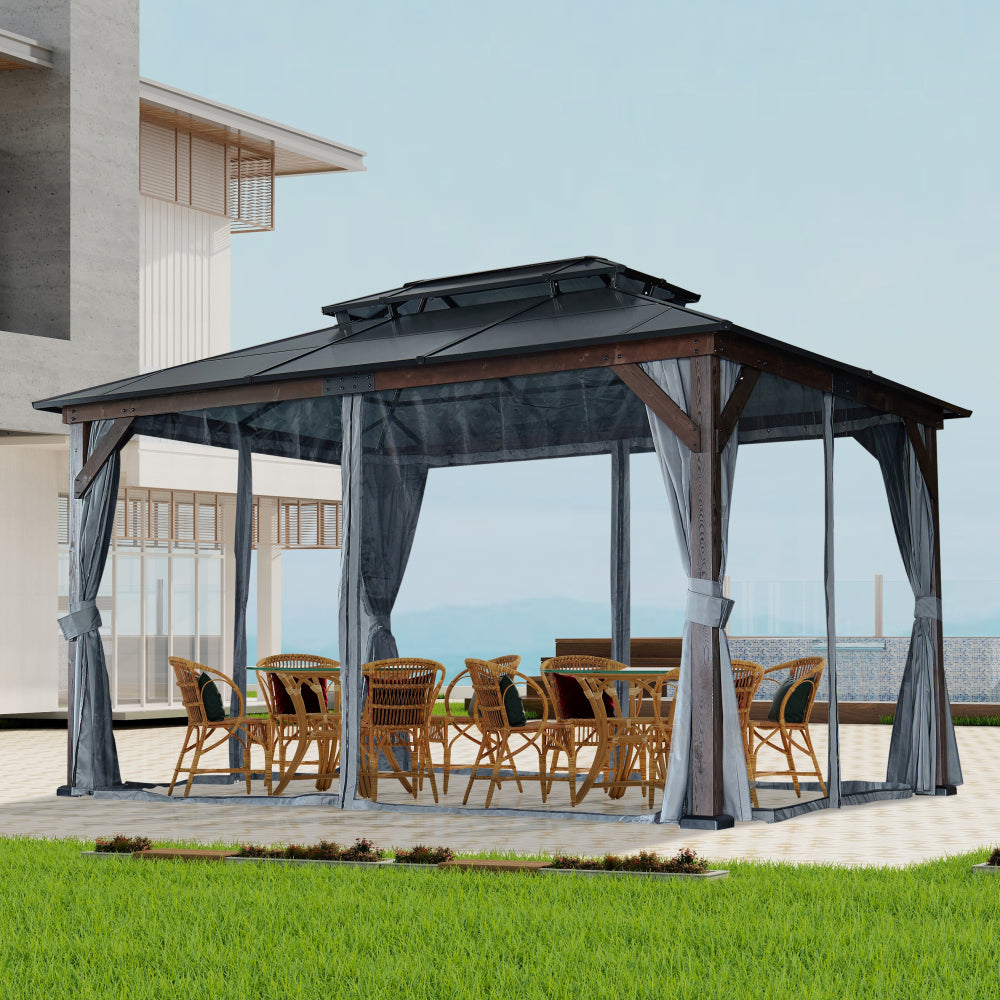 10' x 13' Hardtop Wood Gazebo for Patios, Outdoor  Framed Gazebo with Polycarbonate Double Roof Canopy, Solid Wooden Framed Gazebo with Privacy Curtains and Mosquito Nettings for Garden, Backyard