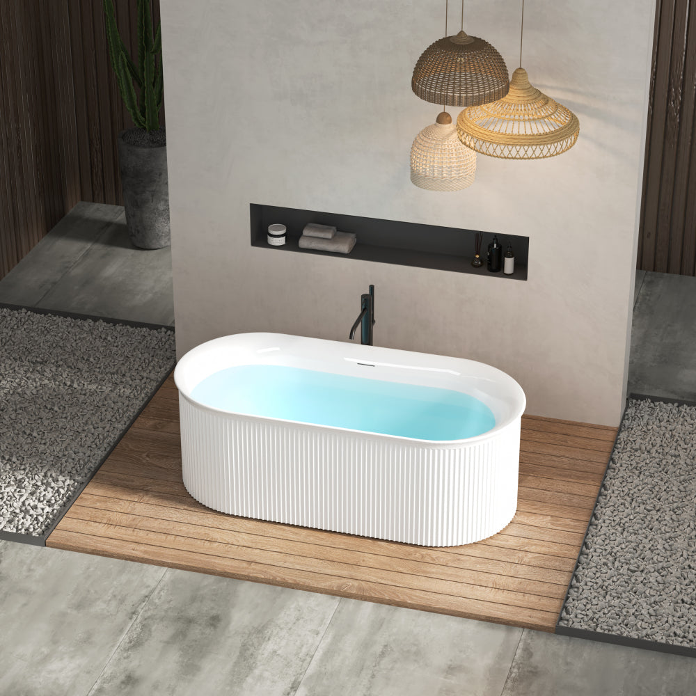 67" Acrylic Freestanding Bathtub-Acrylic Soaking Tubs, Fluted style-Gloss White Freestanding Bathtub With Integrated Slotted Overflow and Brushed Nickel Toe-tap Drain, 02149-BN