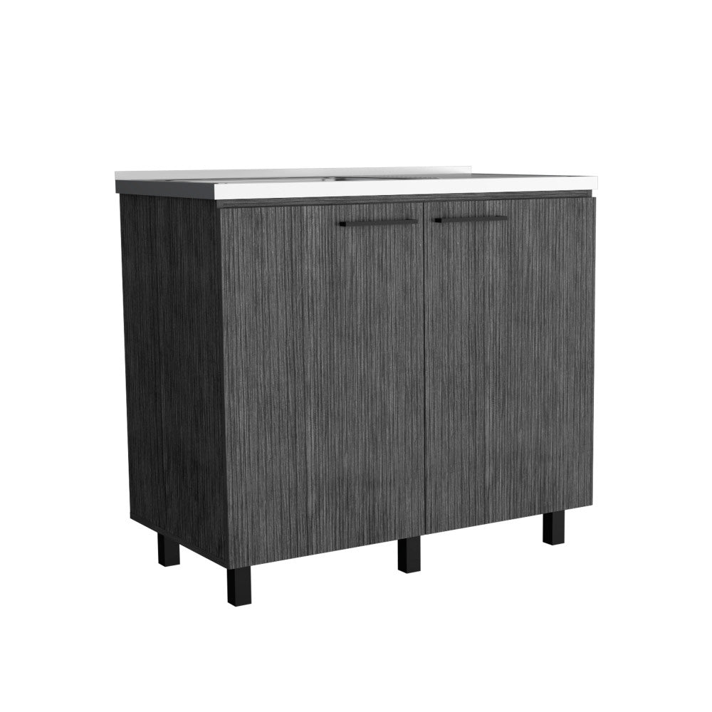 2 Freestanding Utility Base Cabinet with Stainless Steel Countertop and 2-Door, Smokey Oak