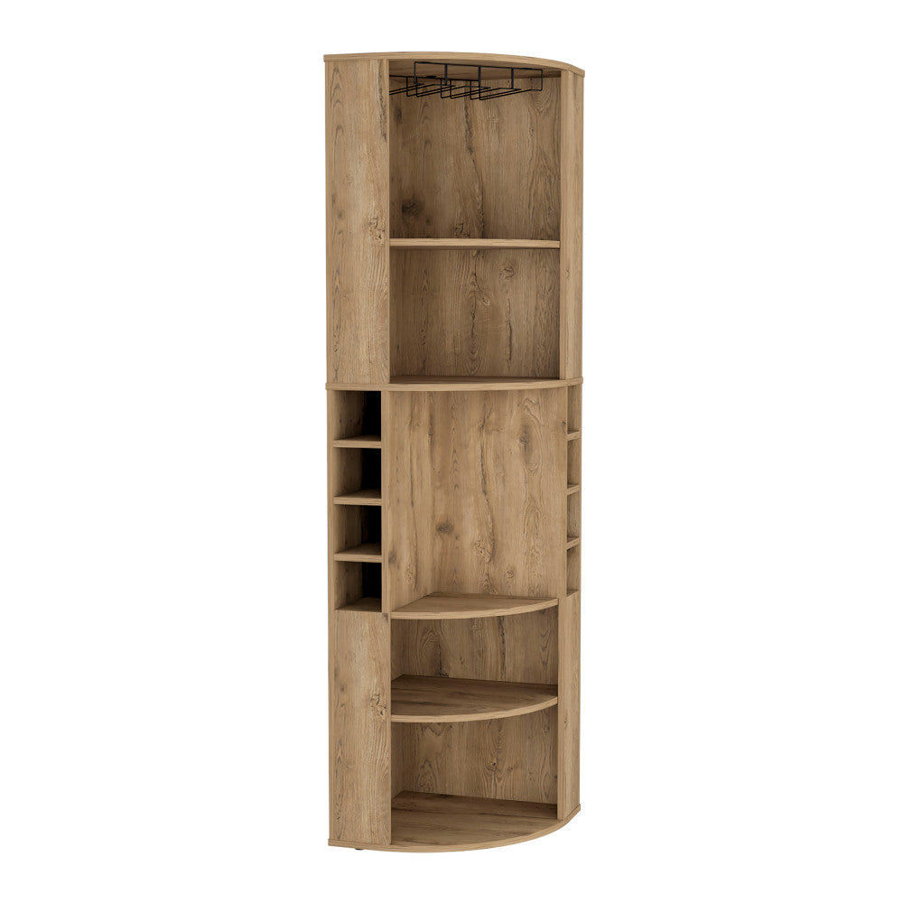 Corner Bar Cabinet 71"H with Five Shelves, Eight Bottle Cubbies and Stemware,Macadamia
