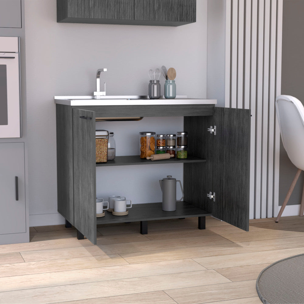 2 Freestanding Utility Base Cabinet with Stainless Steel Countertop and 2-Door, Smokey Oak