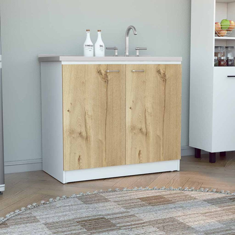 Napoles Utility Sink With Cabinet, Double Door, One Shelf -White / Black