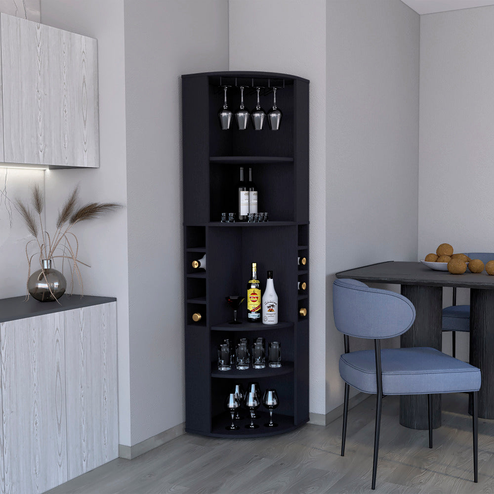 71" Corner Bar Cabinet with Five Shelves, Eight Bottle Cubbies and Stemware,Black