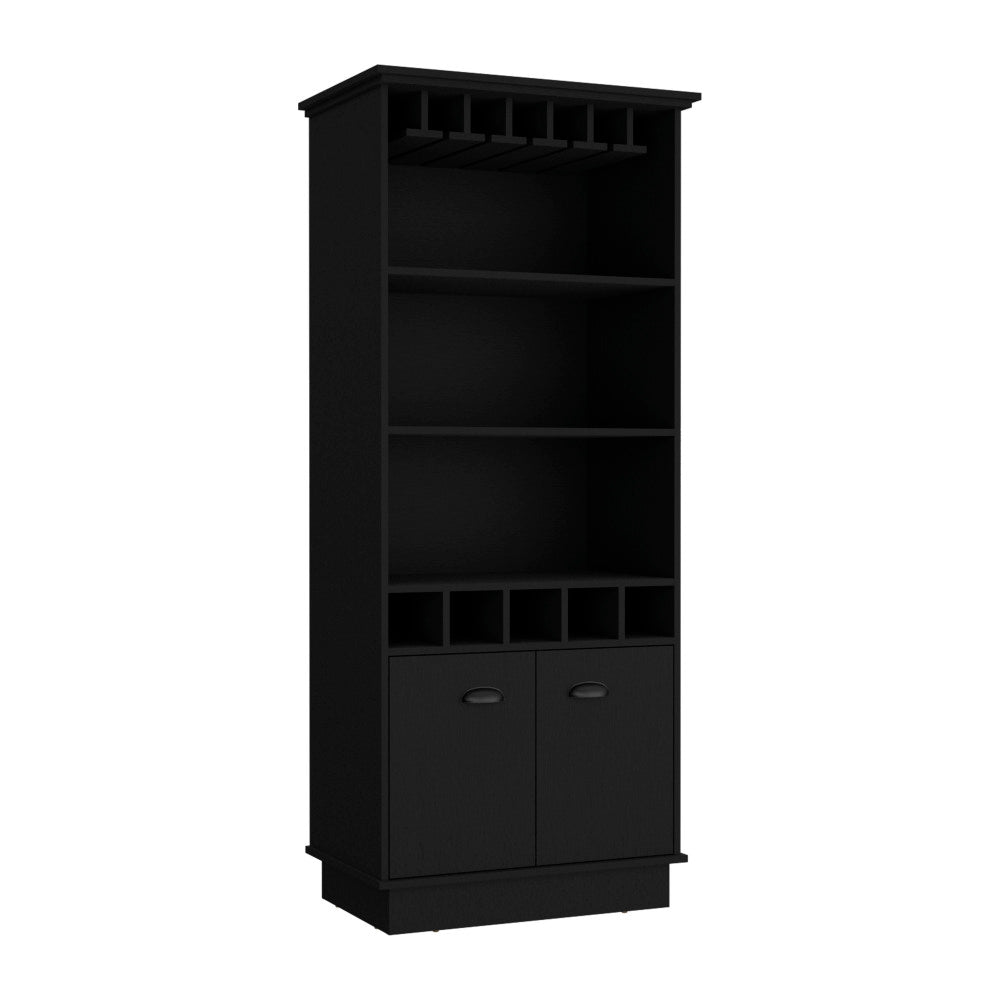 Bar Cabinet 70"H  with Wine Rack, Upper Glass Cabinet, three Open Storage Shelves and One Cabinet,Black