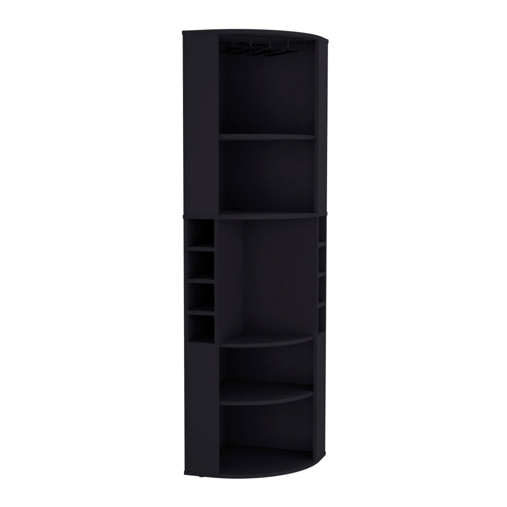 71" Corner Bar Cabinet with Five Shelves, Eight Bottle Cubbies and Stemware,Black