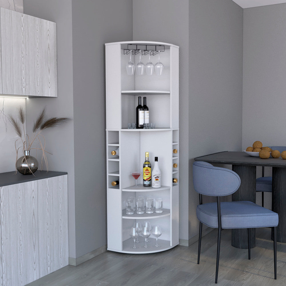 71" Corner Bar Cabinet with Five Shelves, Eight Bottle Cubbies and Stemware,White