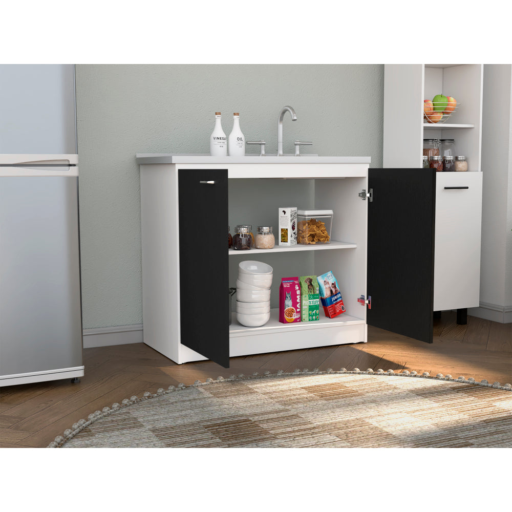 Napoles Utility Sink With Cabinet, Double Door, One Shelf -White / Black