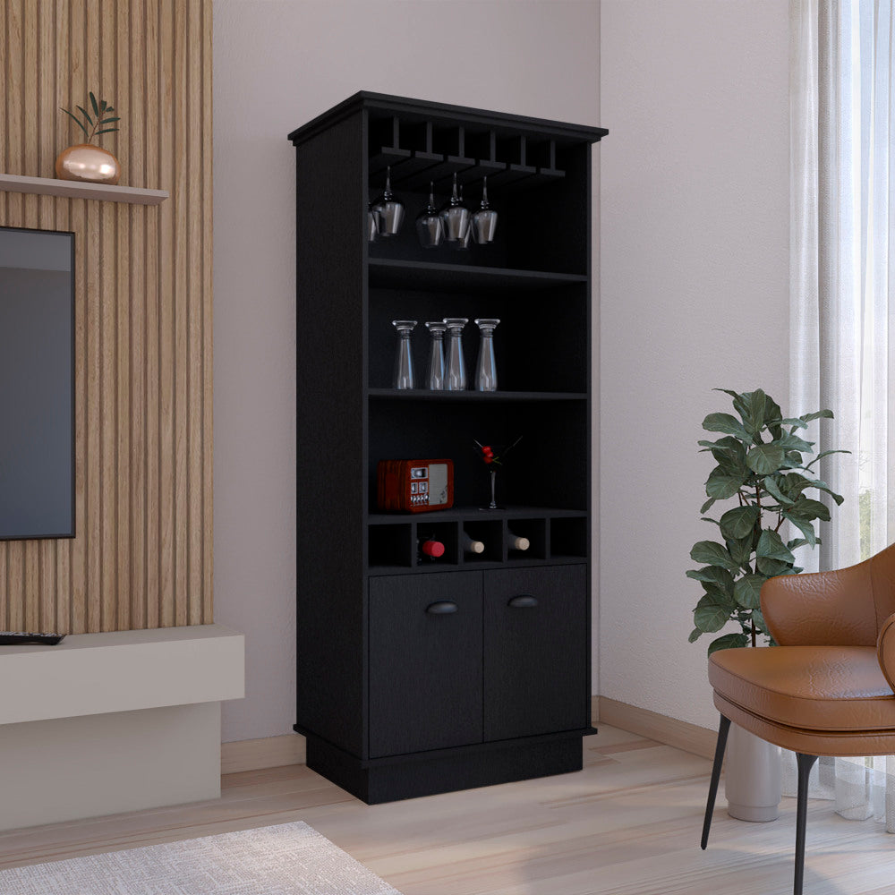 Bar Cabinet 70"H  with Wine Rack, Upper Glass Cabinet, three Open Storage Shelves and One Cabinet,Black