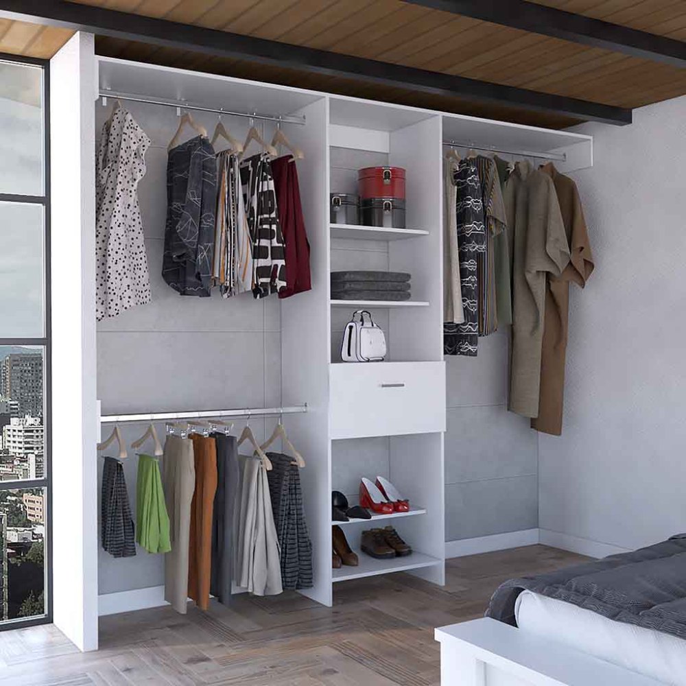 Manchester 250 Closet System, Five Open Shelves, One Drawer, Three Metal Rods -Dark Walnut