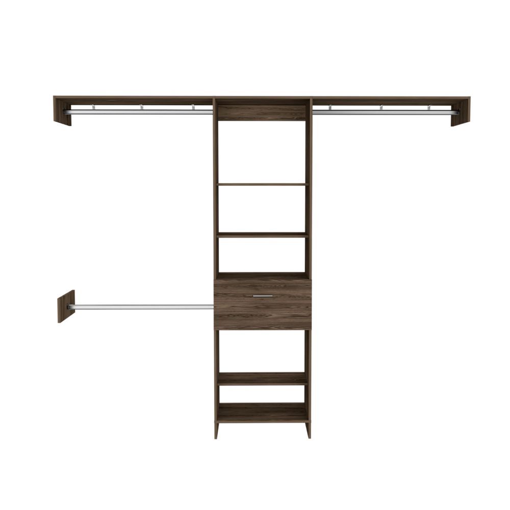 Manchester 250 Closet System, Five Open Shelves, One Drawer, Three Metal Rods -Dark Walnut