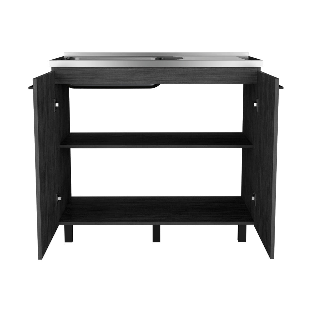 2 Freestanding Utility Base Cabinet with Stainless Steel Countertop and 2-Door, Smokey Oak