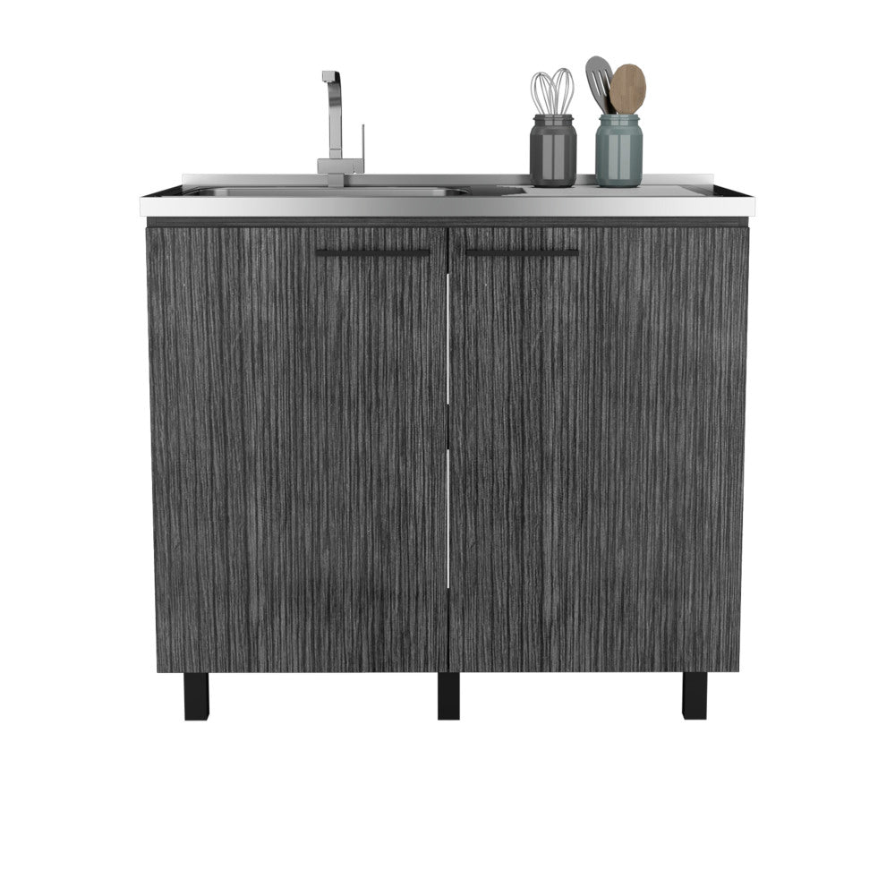 2 Freestanding Utility Base Cabinet with Stainless Steel Countertop and 2-Door, Smokey Oak