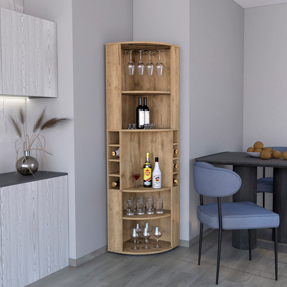 Corner Bar Cabinet 71"H with Five Shelves, Eight Bottle Cubbies and Stemware,Macadamia