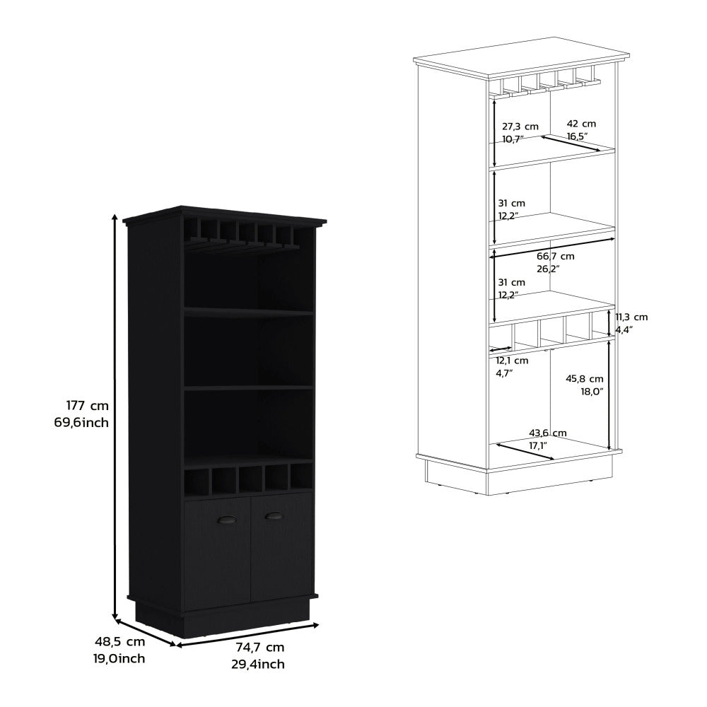Bar Cabinet 70"H  with Wine Rack, Upper Glass Cabinet, three Open Storage Shelves and One Cabinet,Black