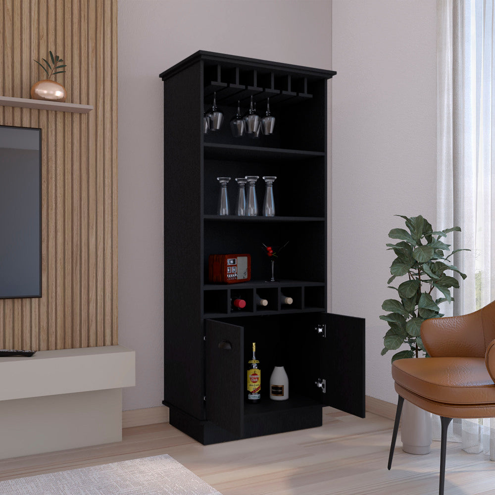 Bar Cabinet 70"H  with Wine Rack, Upper Glass Cabinet, three Open Storage Shelves and One Cabinet,Black