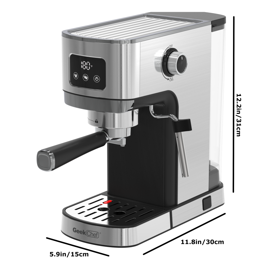 Geek Chef Espresso Machine, Cappuccino & Latte Machine with ESE POD Filter & Milk Frother Steam Wand, Accurate Temperature & Time Control, Compact Coffee Machine for Home,Stainless Steel