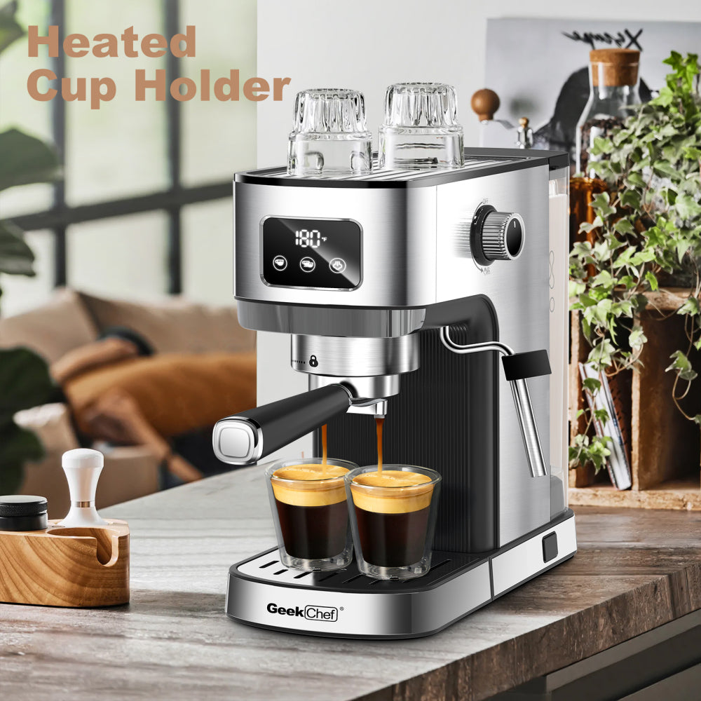 Geek Chef Espresso Machine, Cappuccino & Latte Machine with ESE POD Filter & Milk Frother Steam Wand, Accurate Temperature & Time Control, Compact Coffee Machine for Home,Stainless Steel
