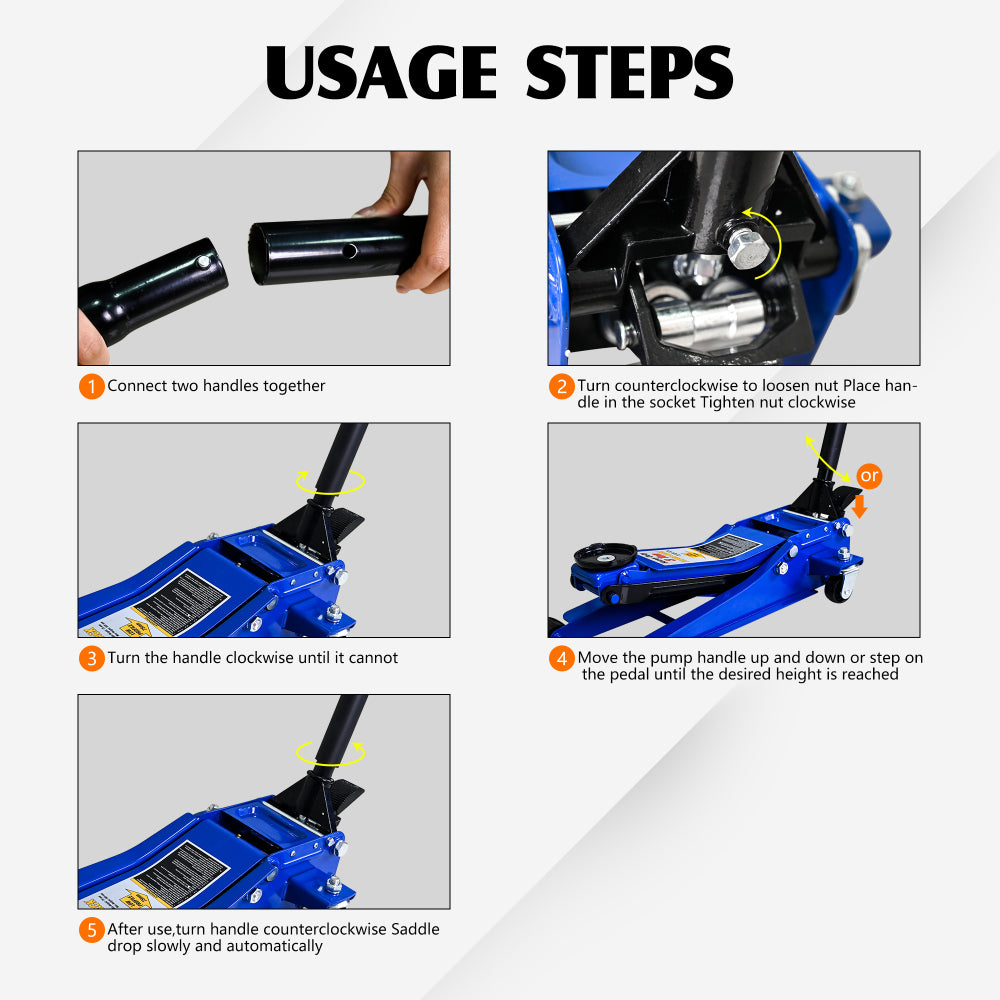 3T Heavy Duty Horizontal Double Pump Floor Jack  (with foot pedal),and Steel Racing Floor Jack with Dual Piston Quick Lift Pump,3 Ton (6,600 lb) Capacity,Blue