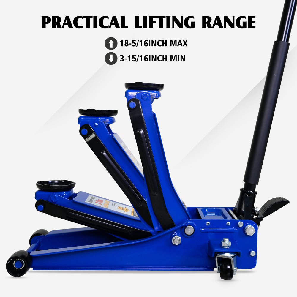 3T Heavy Duty Horizontal Double Pump Floor Jack  (with foot pedal),and Steel Racing Floor Jack with Dual Piston Quick Lift Pump,3 Ton (6,600 lb) Capacity,Blue