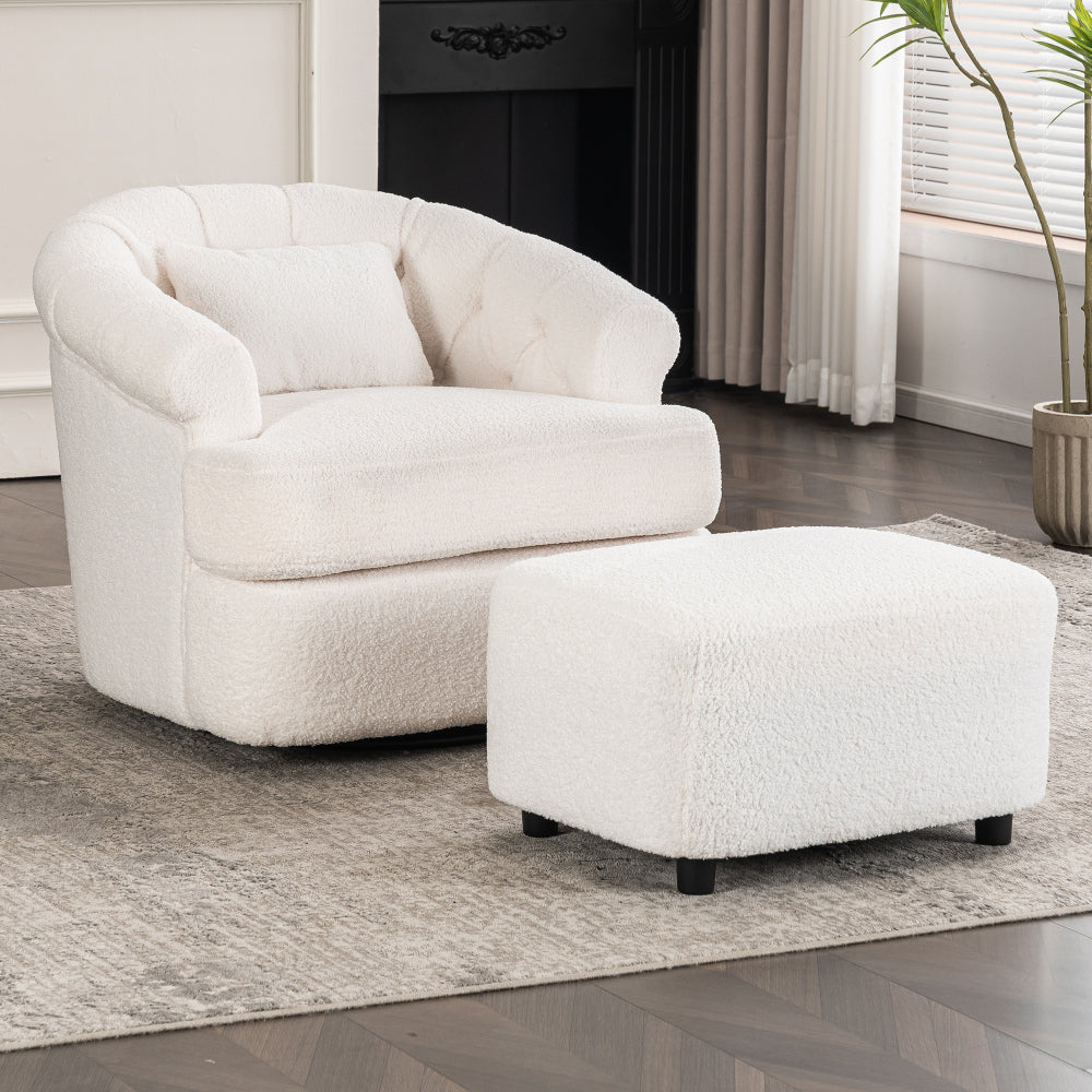 Swivel Chair with Ottoman, Modern Luxury Velvet Swivel Accent Chair, Comfy Round Armchair,  Single Sofa Armchair with Lounge Seat for Bedroom/Office/Reading Spaces,Set of 1,Off-white