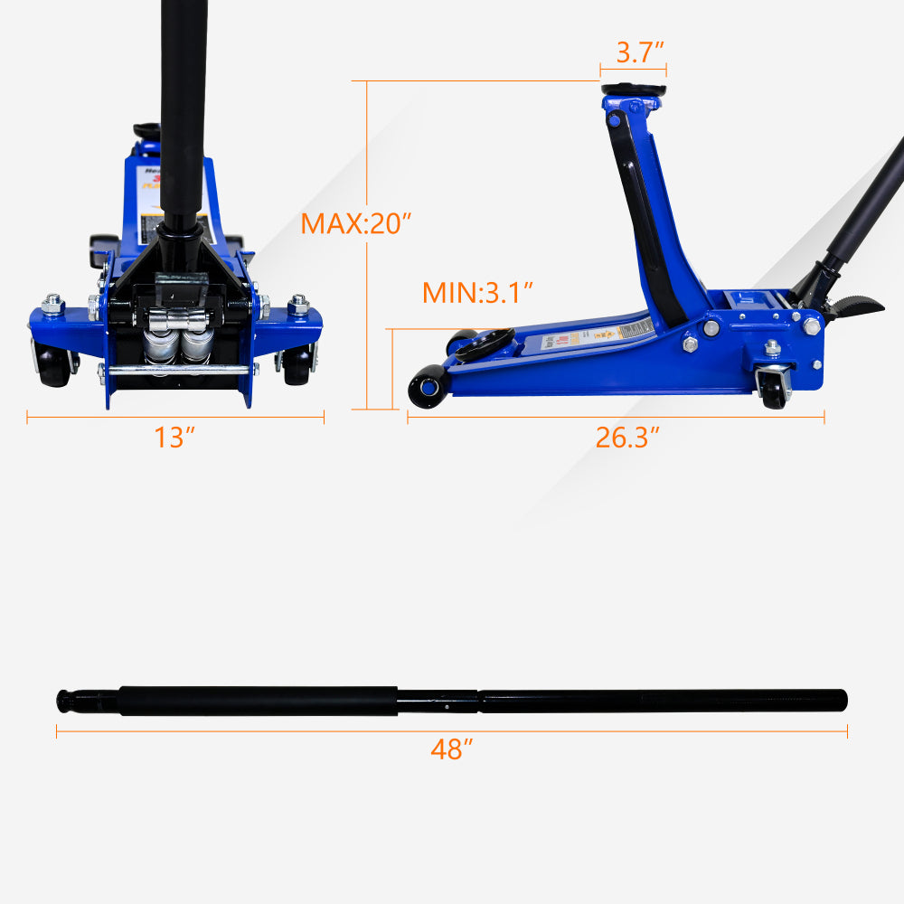 3T Heavy Duty Horizontal Double Pump Floor Jack  (with foot pedal),and Steel Racing Floor Jack with Dual Piston Quick Lift Pump,3 Ton (6,600 lb) Capacity,Blue