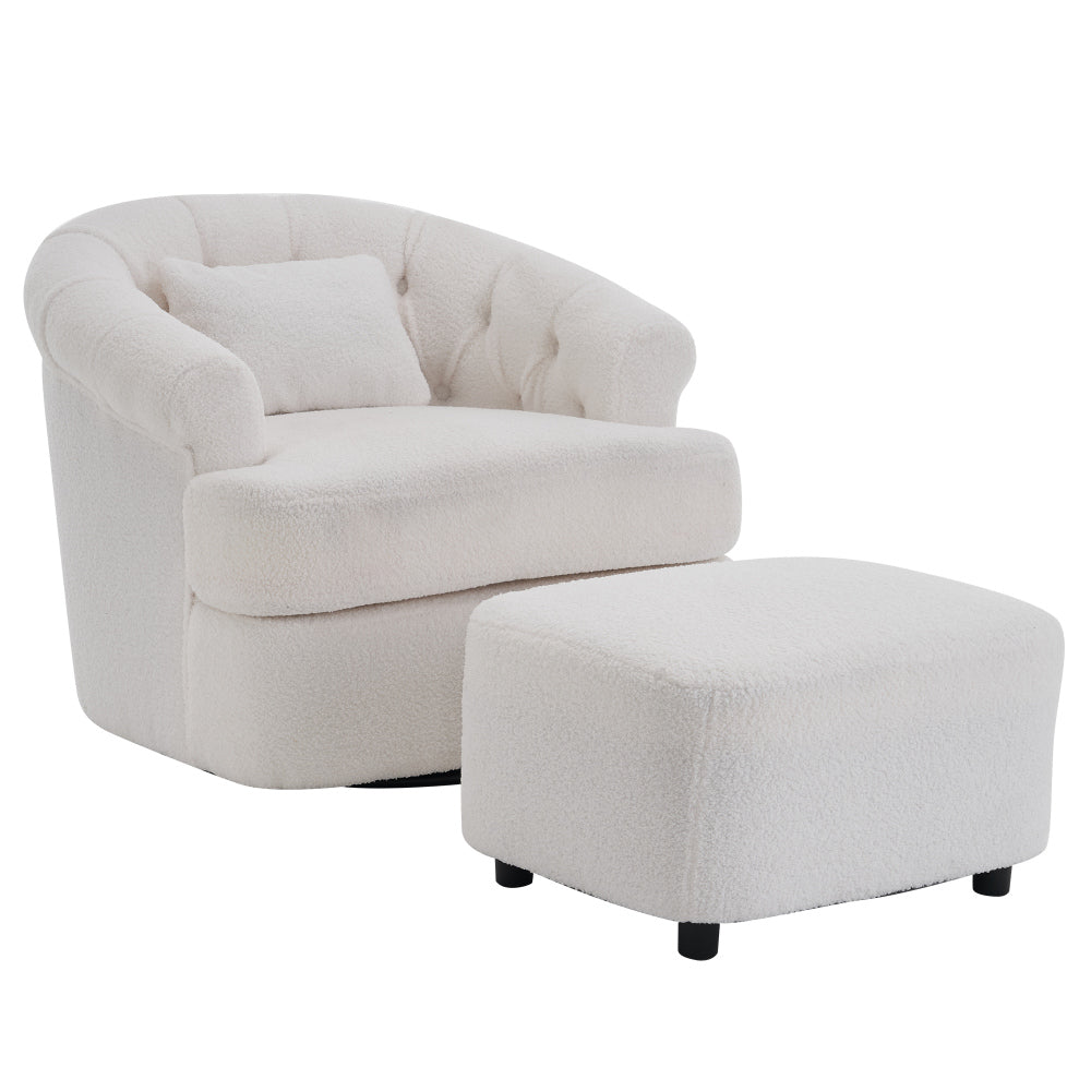 Swivel Chair with Ottoman, Modern Luxury Velvet Swivel Accent Chair, Comfy Round Armchair,  Single Sofa Armchair with Lounge Seat for Bedroom/Office/Reading Spaces,Set of 1,Off-white
