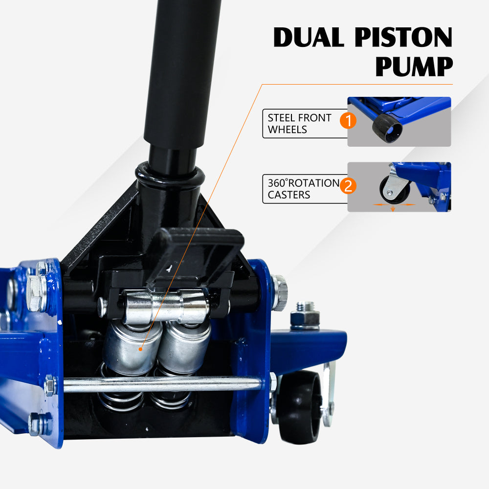 3T Heavy Duty Horizontal Double Pump Floor Jack  (with foot pedal),and Steel Racing Floor Jack with Dual Piston Quick Lift Pump,3 Ton (6,600 lb) Capacity,Blue