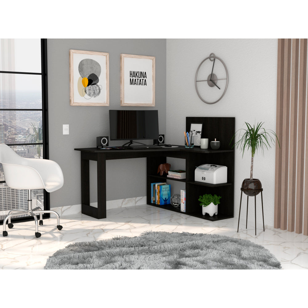 Masai Writing Computer Desk, Five Open Shelves -Smokey Oak