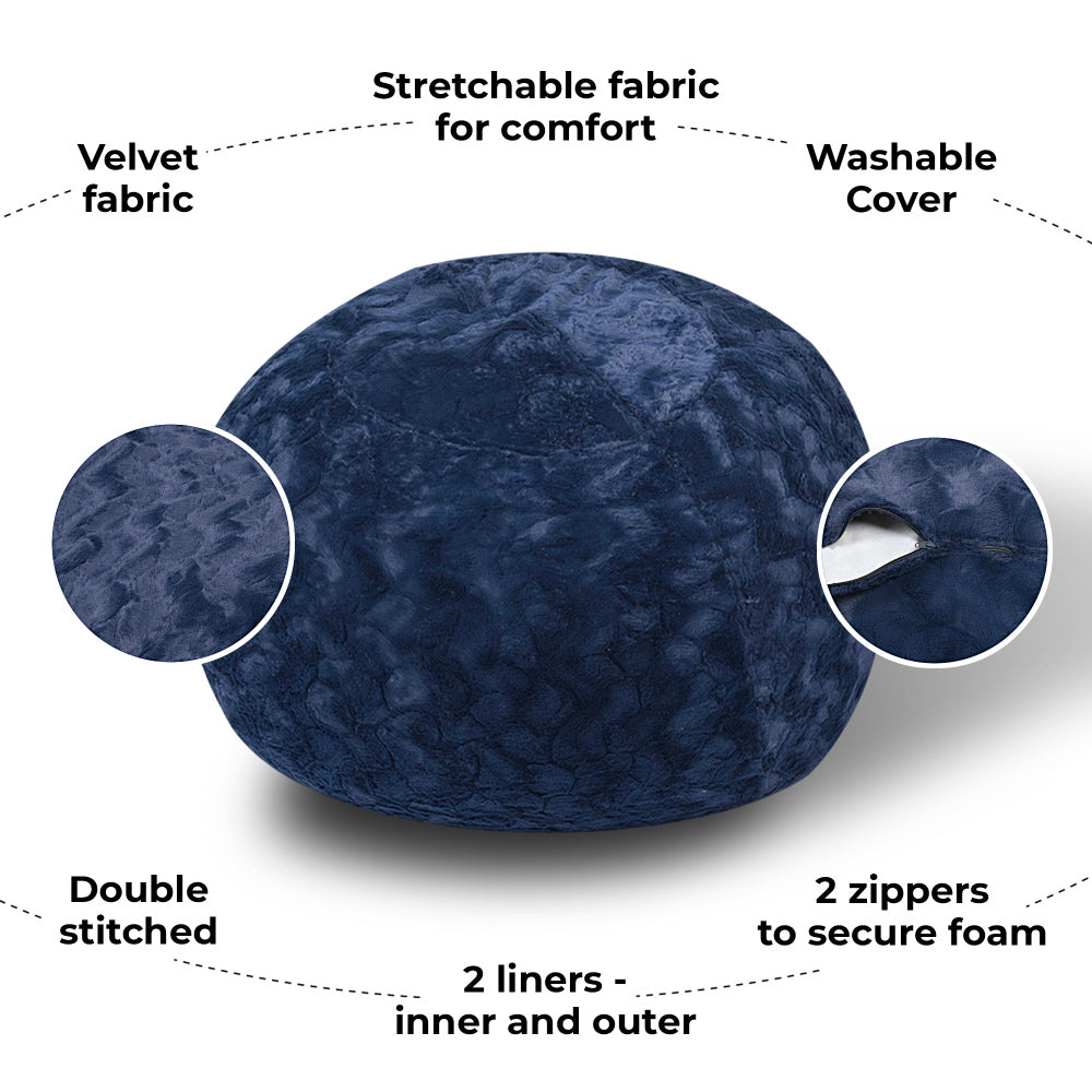 Faux Fur Bean Bag Chair, Navy-4ft Cozy and Stretchable Fabric Lounger for Children and Adults with Easy-Clean Cover, Comfortable Faux Fur Seating for Bedrooms, Filled with Shredded and Memory Foam.