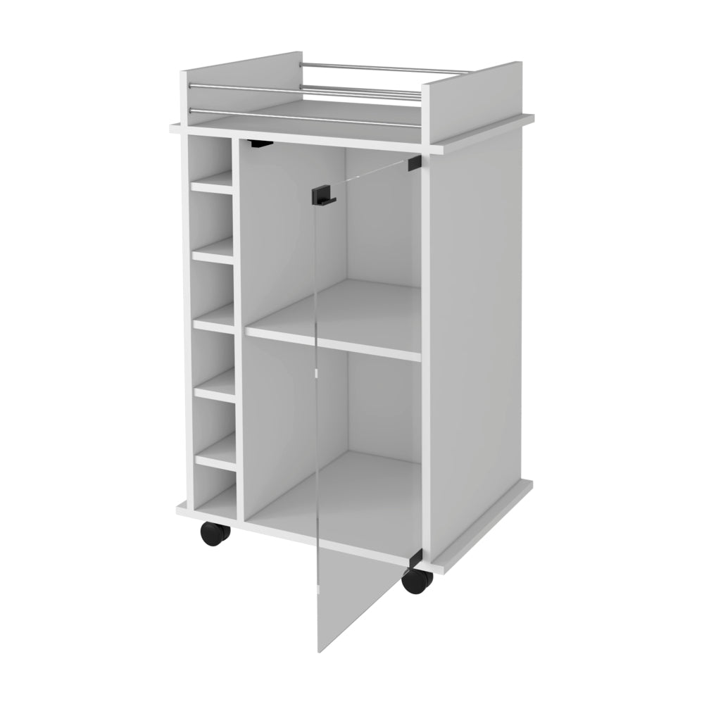 Vegas Bar Cart, Two Tier Cabinet With Glass Door, Six Cubbies For Liquor