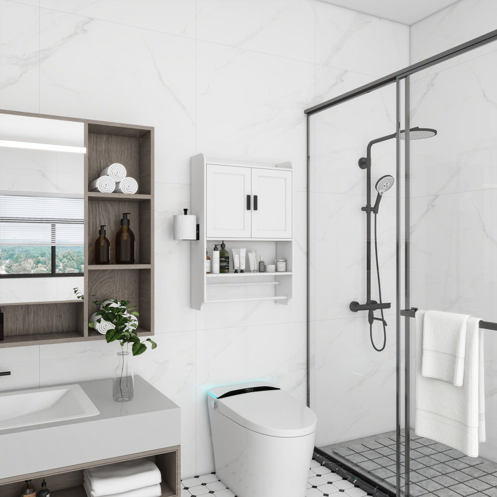 Bathroom Wall Cabinet with Doors,Adjustable Shelf,Towel Bar and Paper Holder, Over The Toilet Storage Cabinet, Medicine Cabinet for Bathroom-Grey