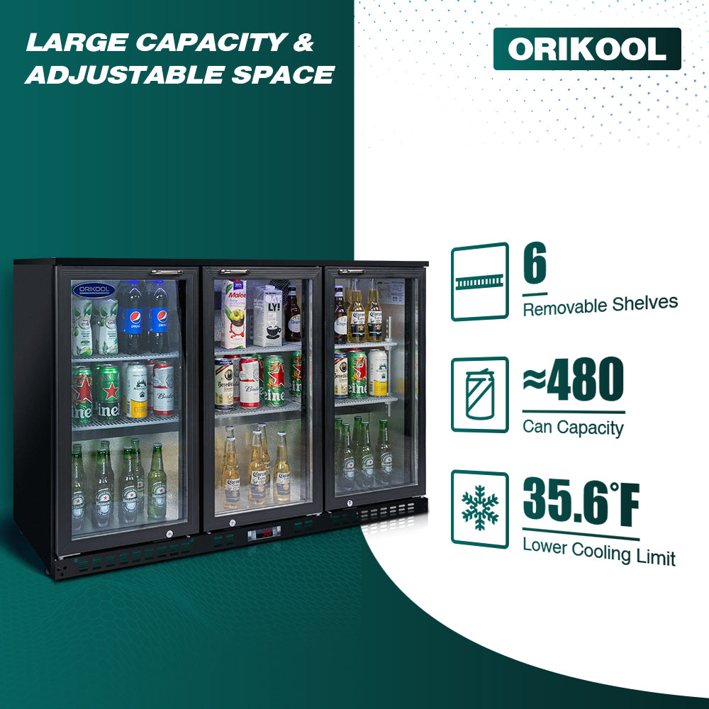 ORIKOOL Beverage Refrigerators Cooler  53 inch 3 Glass Door Back Bar, 480 Cans Commercial Display Bar Fridge for Beer Wine and Drink 11.3 Cu.Ft