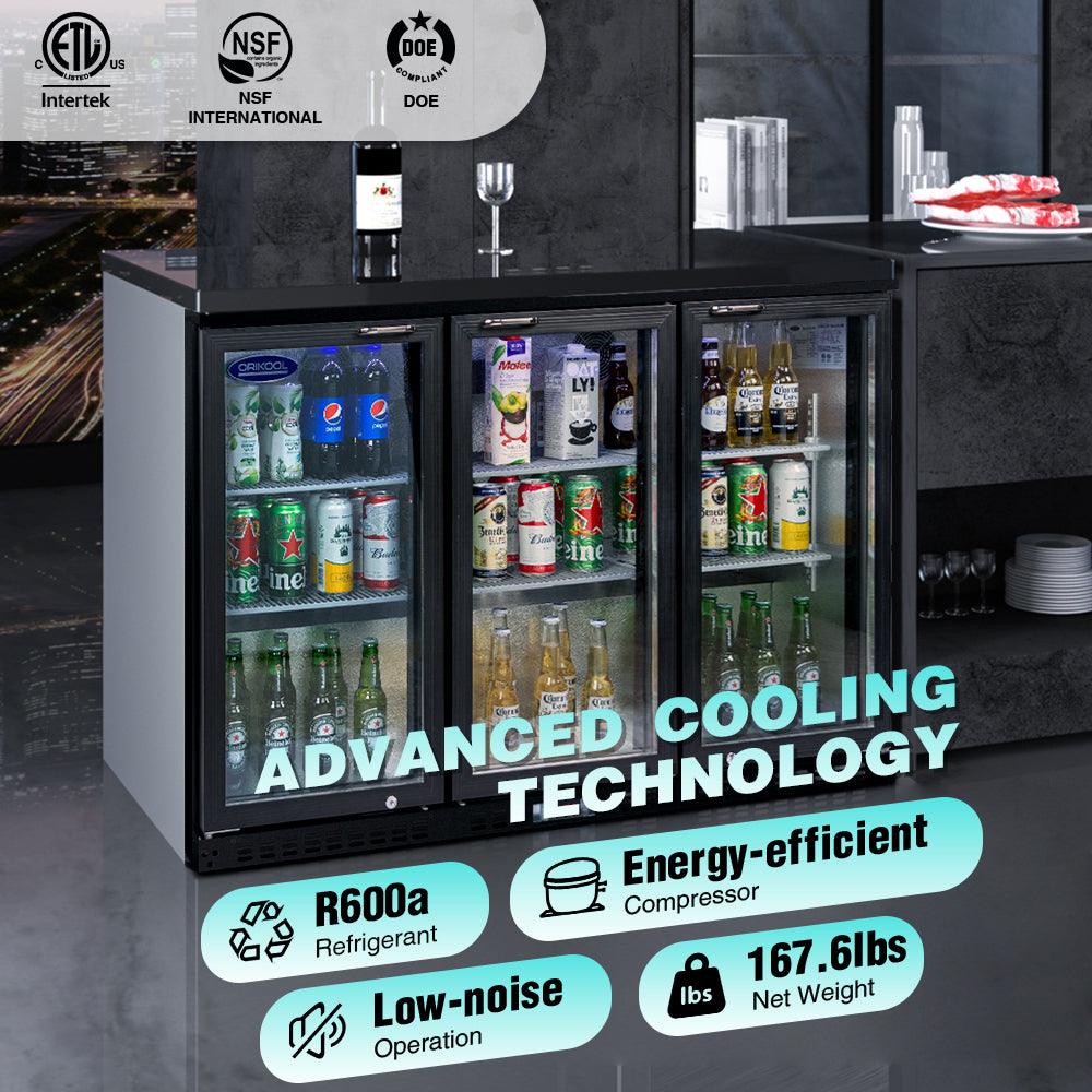 ORIKOOL Beverage Refrigerators Cooler  53 inch 3 Glass Door Back Bar, 480 Cans Commercial Display Bar Fridge for Beer Wine and Drink 11.3 Cu.Ft