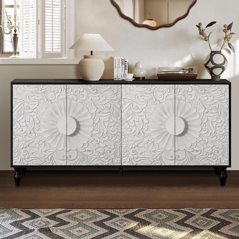 Carved Flower Door Large Storage Cabinet With Metal Handle Suitable For Living Room, Kitchen, Entryway(NATURAL WOOD)