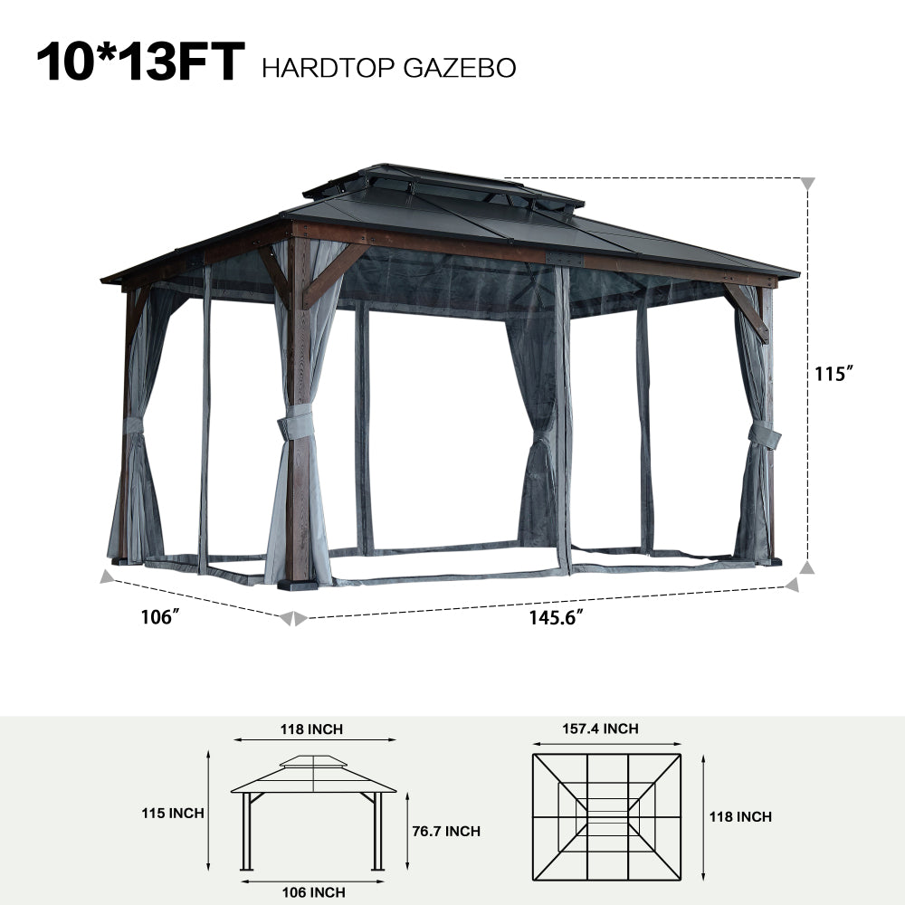 10' x 13' Hardtop Wood Gazebo for Patios, Outdoor  Framed Gazebo with Polycarbonate Double Roof Canopy, Solid Wooden Framed Gazebo with Privacy Curtains and Mosquito Nettings for Garden, Backyard