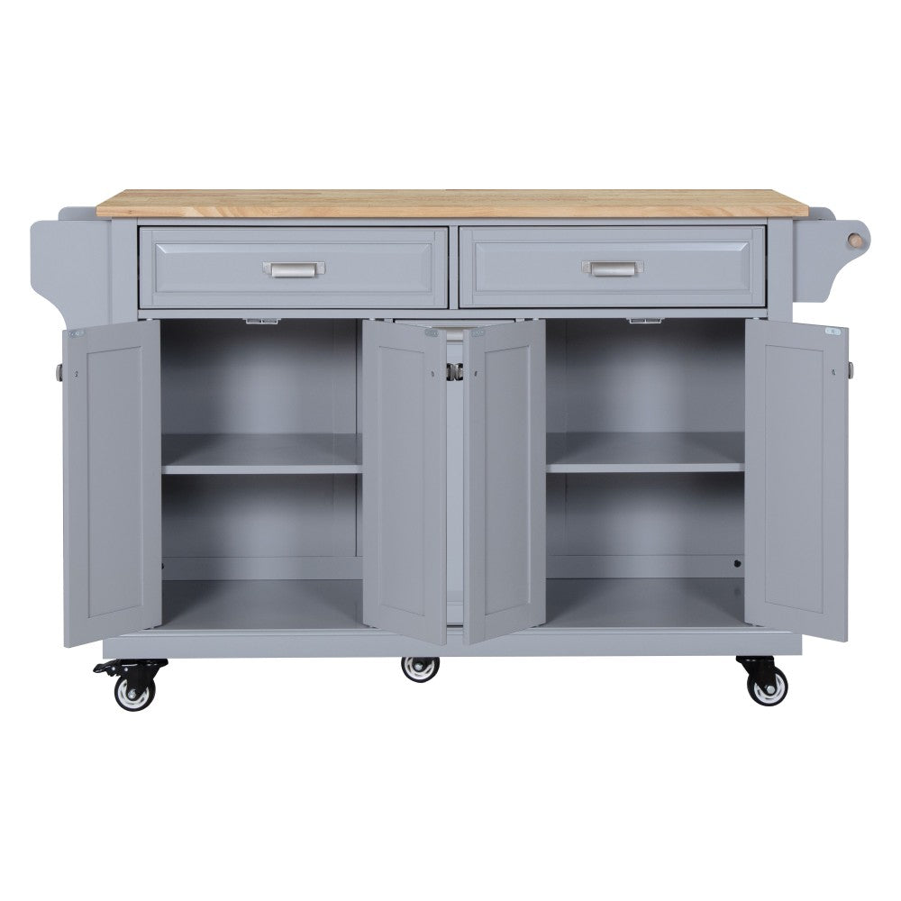 Kitchen Island with Rubber wood Countertop, Kitchen Cart on 5 Wheels with Storage Cabinet and 2 Top Drawers and A center double layered storage drawer for Dinning Room, Grey