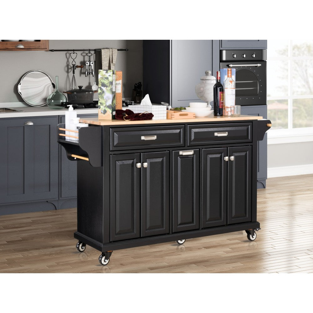 Kitchen Island with Rubber wood Countertop, Kitchen Cart on 5 Wheels with Storage Cabinet and 2 Top Drawers and A center double layered storage drawer for Dinning Room, Grey