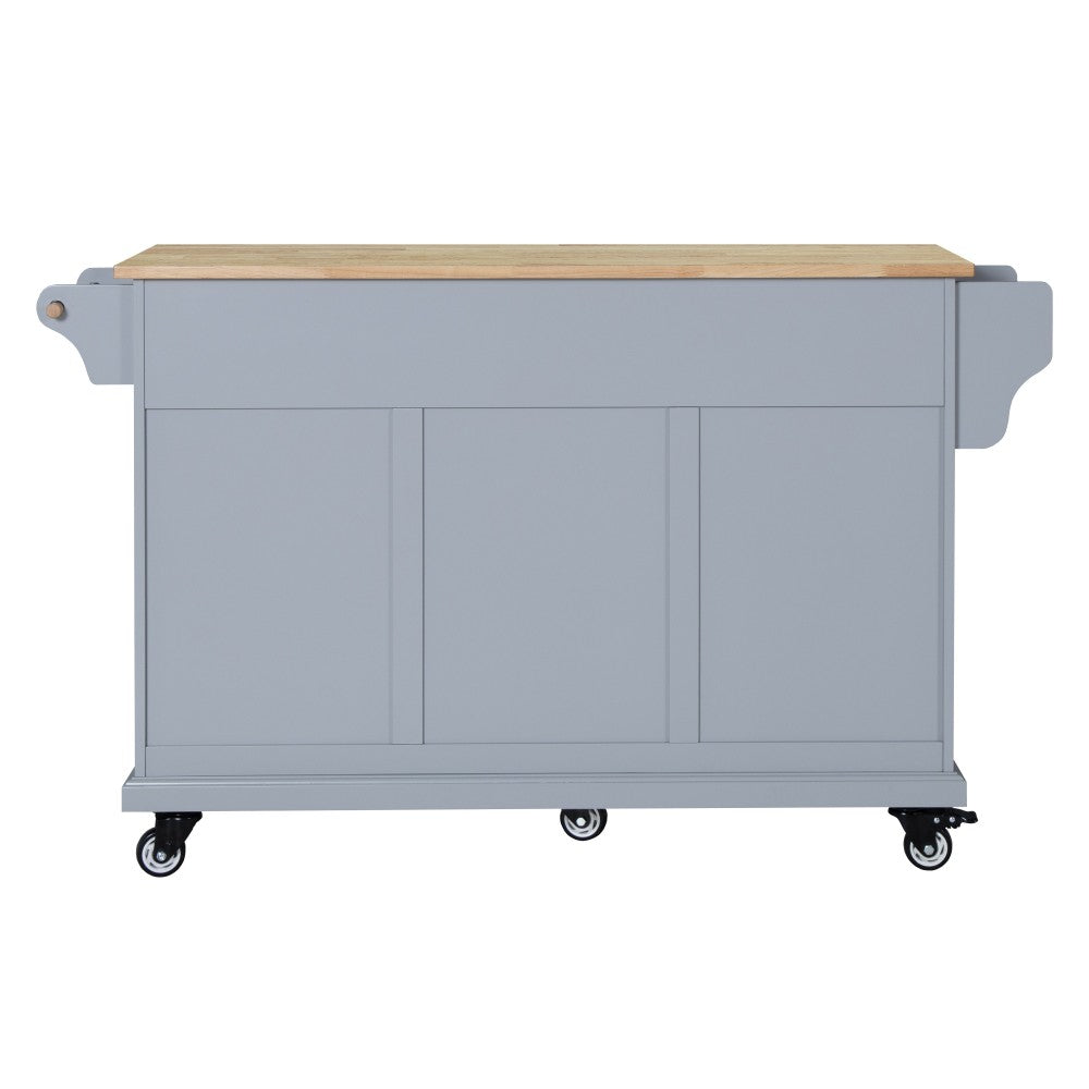 Kitchen Island with Rubber wood Countertop, Kitchen Cart on 5 Wheels with Storage Cabinet and 2 Top Drawers and A center double layered storage drawer for Dinning Room, Grey