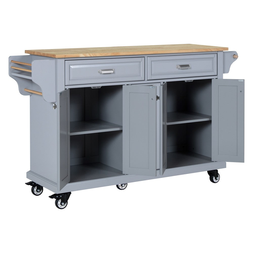 Kitchen Island with Rubber wood Countertop, Kitchen Cart on 5 Wheels with Storage Cabinet and 2 Top Drawers and A center double layered storage drawer for Dinning Room, Grey