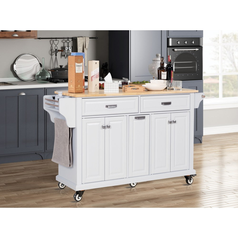 Kitchen Island with Rubber wood Countertop, Kitchen Cart on 5 Wheels with Storage Cabinet and 2 Top Drawers and A center double layered storage drawer for Dinning Room, Grey