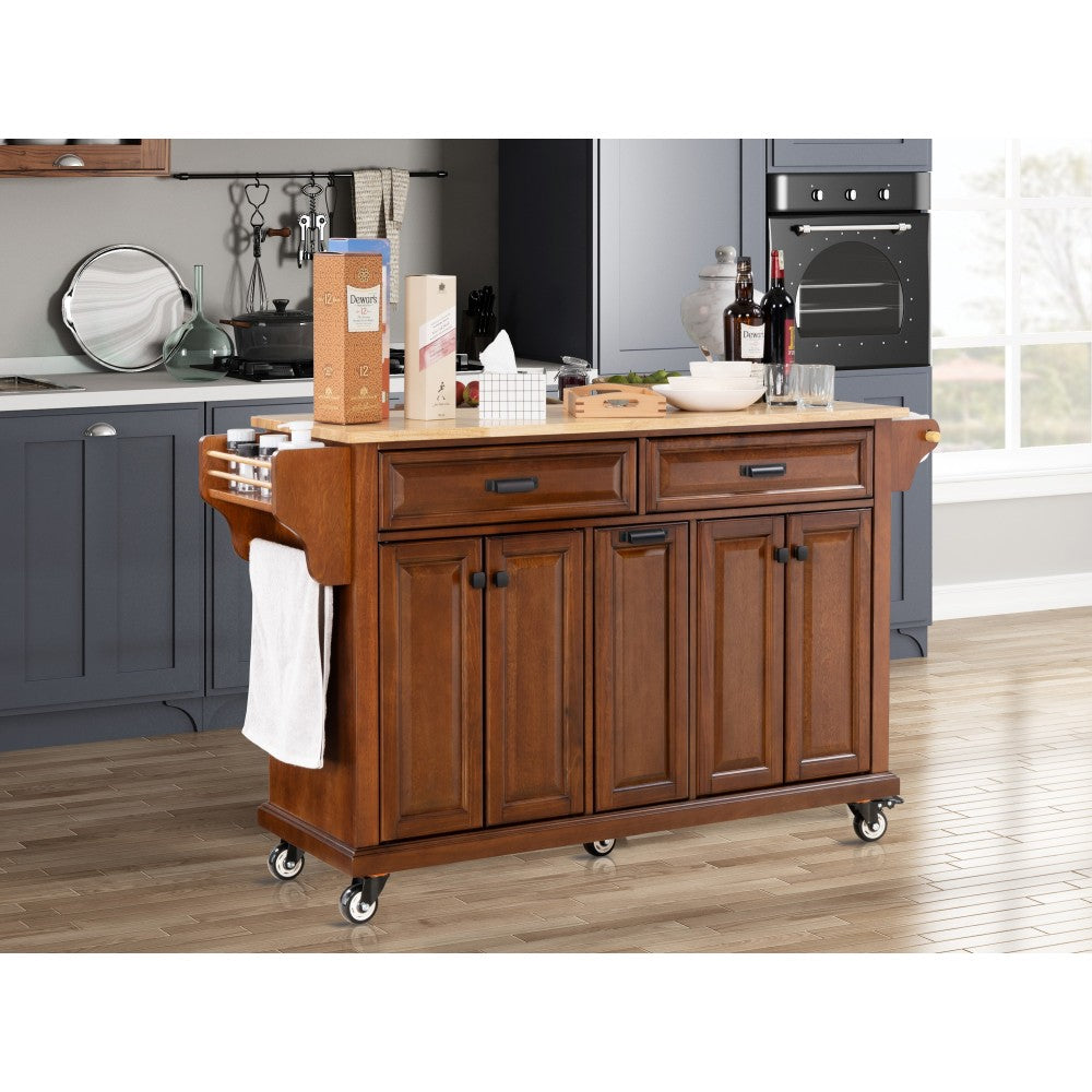 Kitchen Island with Rubber wood Countertop, Kitchen Cart on 5 Wheels with Storage Cabinet and 2 Top Drawers and A center double layered storage drawer for Dinning Room, Grey