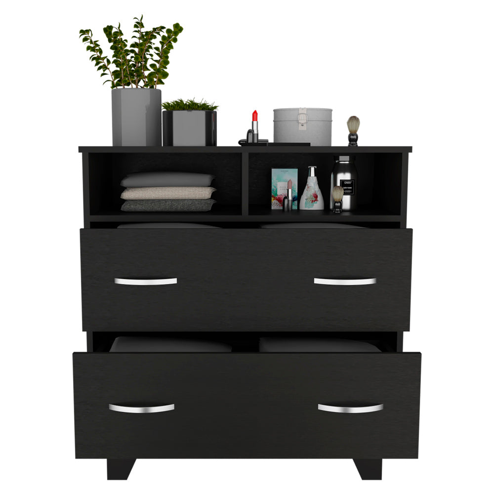 Portanova Two Drawer Dresser, Two Open Shelves, Superior Top,  Four Legs -Black