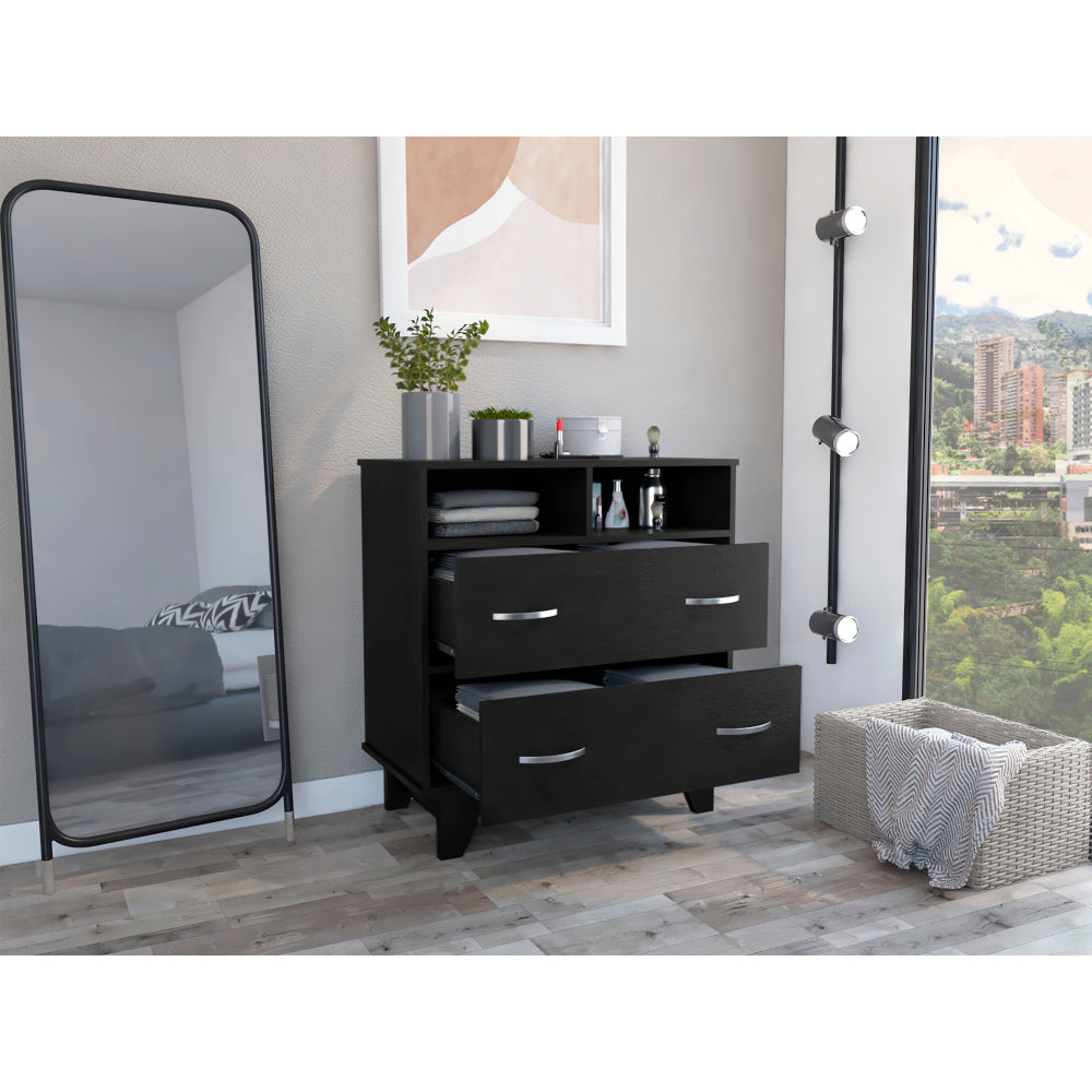 Portanova Two Drawer Dresser, Two Open Shelves, Superior Top,  Four Legs -Black