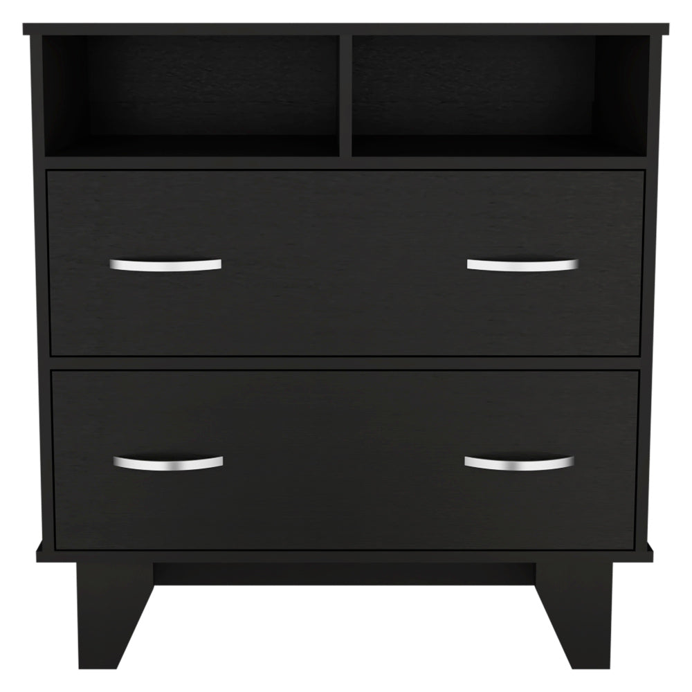 Portanova Two Drawer Dresser, Two Open Shelves, Superior Top,  Four Legs -Black