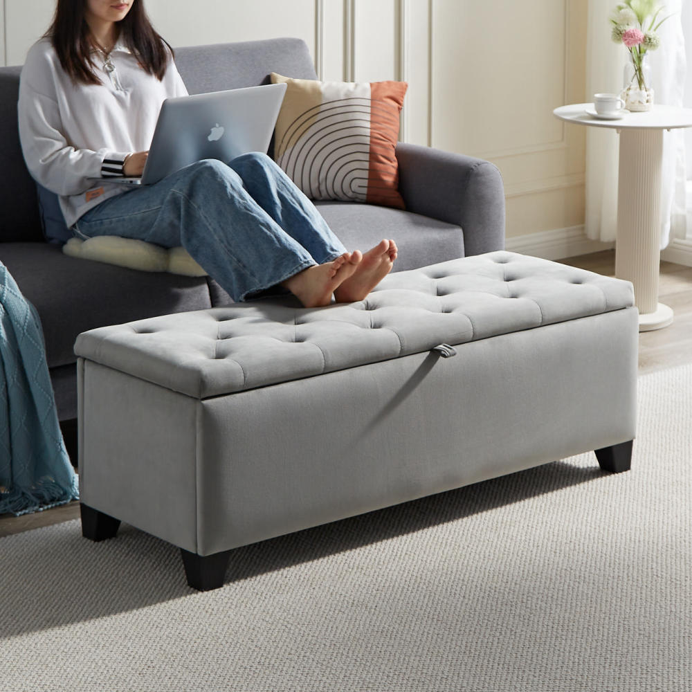 Fashion Beige Velvet Fabric  Upholstered large storage  rectangular bench for Entryway Bench,Bedroom end of Bed bench.foot of the Bed,Bench for sofa for living room