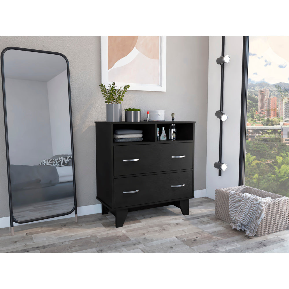 Portanova Two Drawer Dresser, Two Open Shelves, Superior Top,  Four Legs -Black