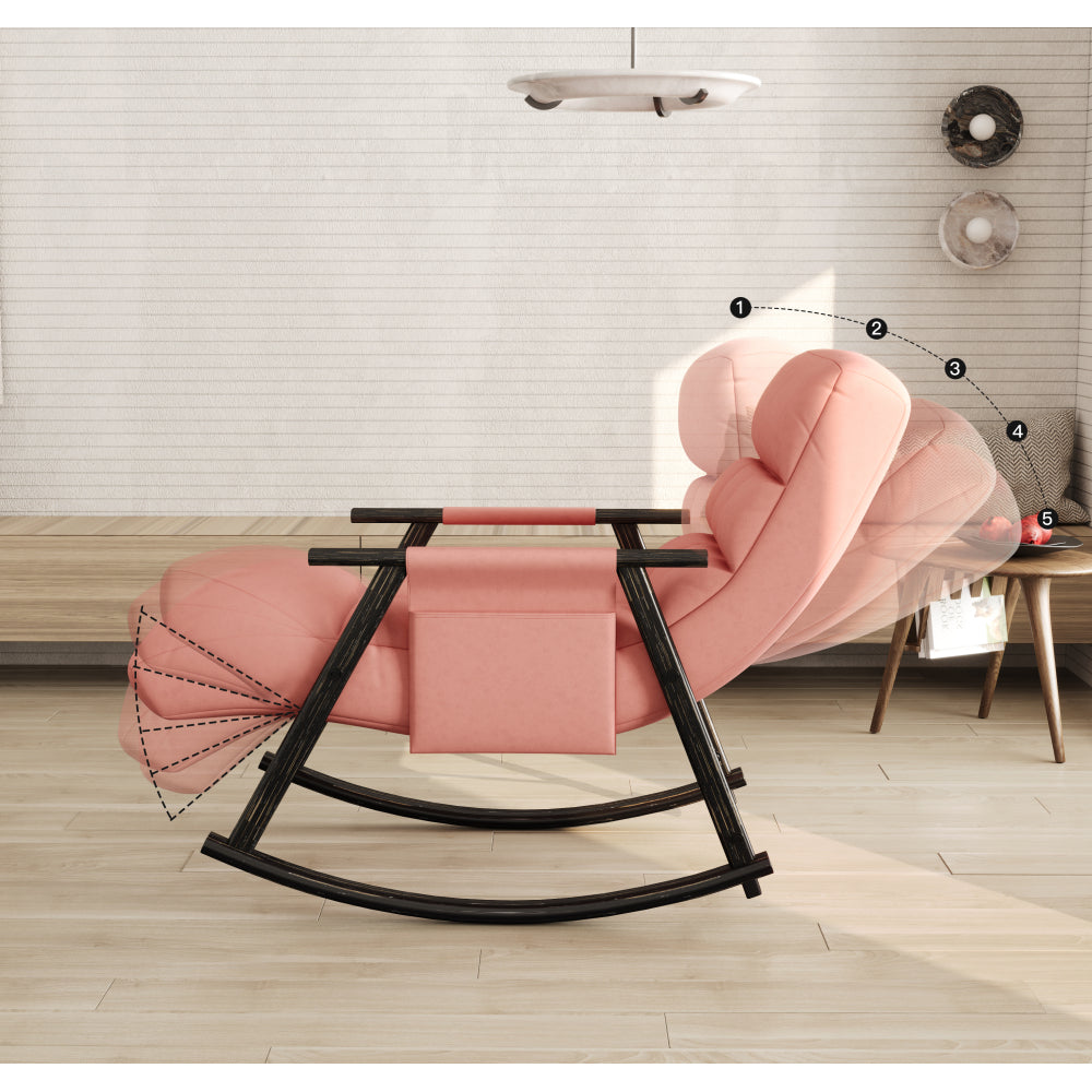 Casual folding rocking chair upholstered, lounge rocking chair adjustable high back and foot rest,side pockets placed in living room bedroom balcony